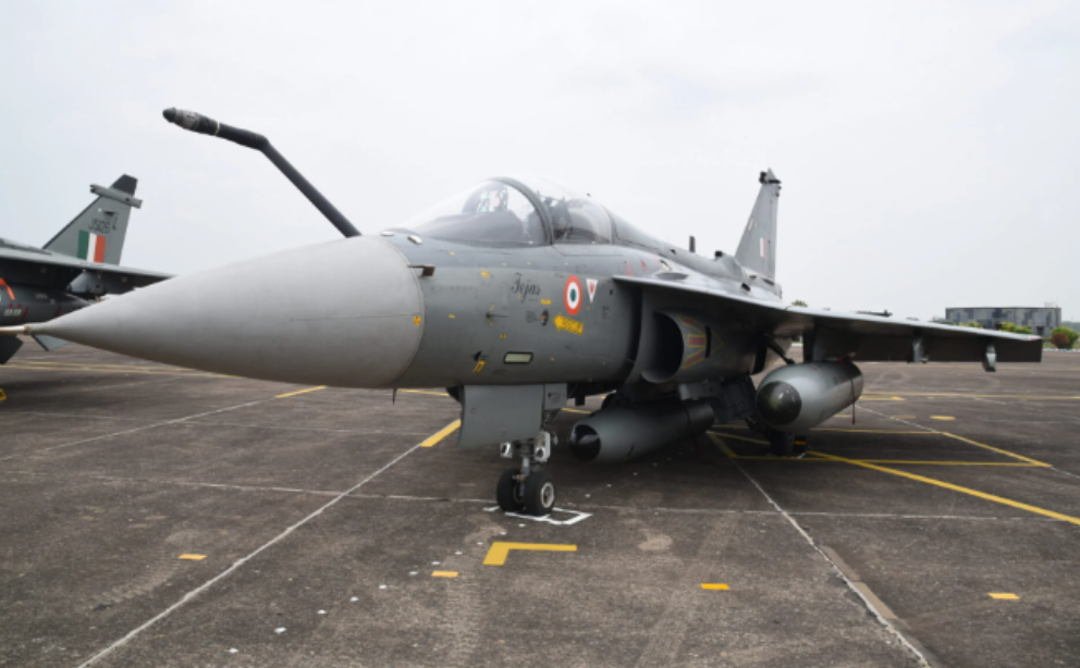 A Tejas LCA-Mk-1A aircraft, produced by Hindustan Aeronautics Limited (HAL), is seen in a 2023 photo taken at the air force station in Kalaikunda, around 170 km west of Kolkata, India.